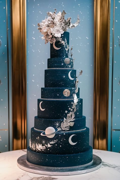 Galactic Glamour: A Starry Sky-Inspired Birthday Cake Wedding Cake Galaxy, Midnight Blue Wedding Cake, Starry Wedding Cake, Amazing Cakes Unique, Galactic Glamour, Glamour Birthday, Stars Cake, Celestial Wedding Theme, Starry Wedding