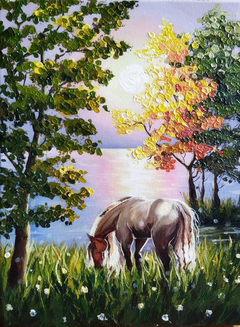 Acrylic painting landscape horse on the lake. In the impasto technique. The picture is completely ready for use. Horse Paintings Acrylic, Guitar Art Painting, Horse Art Ideas, Nature Paintings Acrylic, Acrylic Painting Landscape, Horse Canvas Painting, Canvas Art Painting Acrylic, Simple Oil Painting, Easy Landscape Paintings