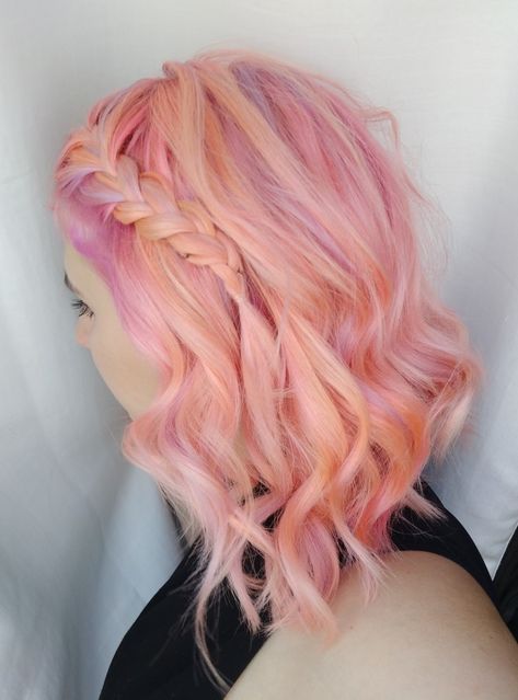 Color using Iroiro 210 Pastel Lavender, Iroiro 250 Pastel Peach, and Ion 30588 Salmon. #peachhair #pinkhair #peachandlavenderhair #ionhaircolor #iroirohaircolor #semipermanentcolor #pastelpeach Peach And Pink Hair, Iroiro Hair Color, Pastel Peach Hair, Ion Hair Colors, Flamingo Hair, Peach Hair Colors, Best Hair Dye, Bleaching Your Hair, Bold Hair Color