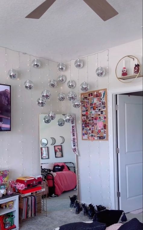 Bright Bedroom Decor Ideas, Hanging Disco Balls Bedroom, Disco Balls Hanging From Ceiling Bedroom, Disco Ball Corner Hanging, How To Hang Disco Ball, Bedroom Ideas Disco, Mini Disco Ball Room Decor, Disco Ball Hanging From Ceiling, Disco Themed Living Room