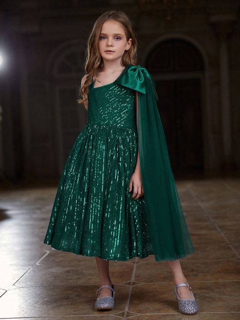 Dark Green Party Collar Extra-Long Sleeve Sequins Plain A Line Embellished Slight Stretch  Tween Girls Clothing Kids Formal Dresses, Kids Party Wear Dresses, Girls Birthday Party Dress, Classy Gowns, Sequin Formal Dress, Sequin Midi Dress, Performance Dresses, Long Sleeve Sequin, Trendy Fall Outfits