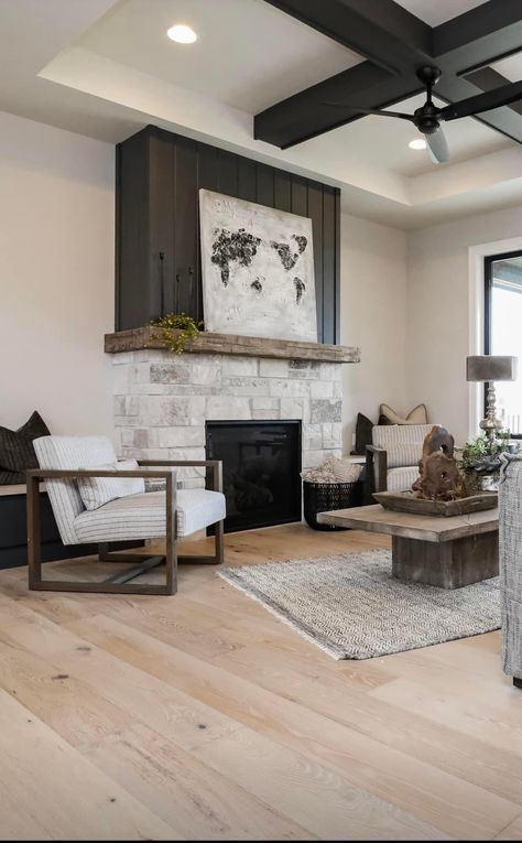 Stone Black Fireplace, Decor On Side Of Fireplace, Fireplace With Rock And Shiplap, Stone And Black Shiplap Fireplace, Black And Stone Fireplace, Cool Fireplace Ideas, Dark Rock Fireplace, Stone Shiplap Fireplace, Concrete Hearth Fireplace