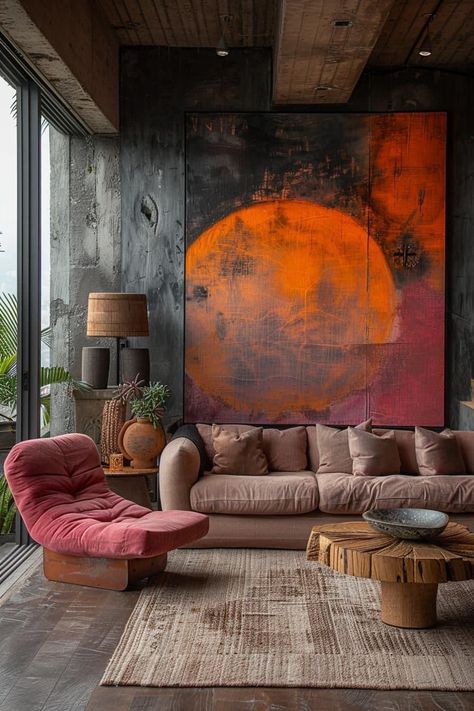 Home Textures Interior Design, Artistic Decor Interior Design, Stunning Apartment Interiors, Rustic Modern Architecture, Mid Century Modern Aesthetic Living Room, Artistic Living Room Ideas, Color Combinations Living Room, Mid Century Modern House Decor, Living Room Inspo Modern Cozy