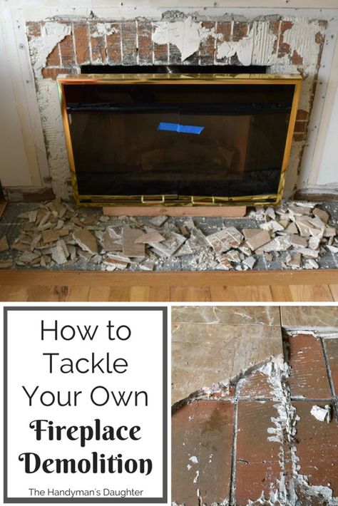 How to tackle your own fireplace demolition and get it ready for a makeover! - The Handyman's Daughter No Demo Reno Fireplace, Fireplace Removal Makeover, How To Remove A Fireplace, Removing Fireplace Hearth, Fireplace Demolition, Remove Fireplace, Removing Fireplace, Furniture On A Budget, Small Basement Remodeling