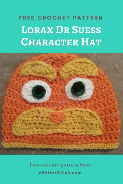 Lorax Dr Suess Character Hat Crochet Pattern free book character hat crochet pattern from cRAfterChick.com This was a requested hat for my Mom, who is a teacher, to wear during reading this book to her classroom. The kids love seeing all the hats for each book or project so it’s fun for me to make … Crochet Lorax Pattern, Lorax Crochet Pattern Free, Double Crochet Beanie Pattern, Crochet Preemie Hats, Beanie Hat Crochet Pattern, Crochet Character Hats, Loom Crochet, Dr Suess, Crochet Kids Hats