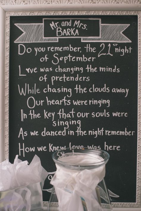 couple married on September 21st, so they put up the lyrics of Earth Wind & Fire's "September"! photo by Katie Slater http://ruffledblog.com/romantic-connecticut-wedding #wedding #signs Earth Wind And Fire Wedding, September 21st Wedding, September 21 Wedding, 21st Night Of September Wedding, Earth Wind Fire September, Dancing In September, Groovy Bachelorette, 21st Night Of September, Best Destination Wedding Locations