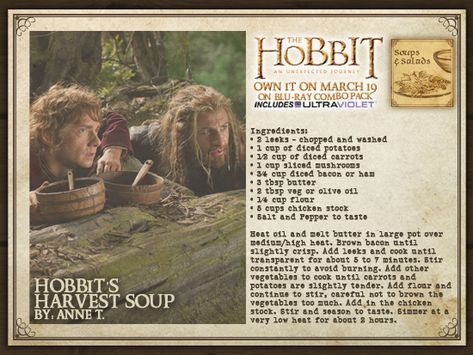 Hobbit's Harvest Soup Lotr Feast, Fantasy Meals, Nerd Kitchen, Hobbit Recipes, Fandom Recipes, Nerd Recipes, Movie Recipes, Movies Food, Harvest Soup