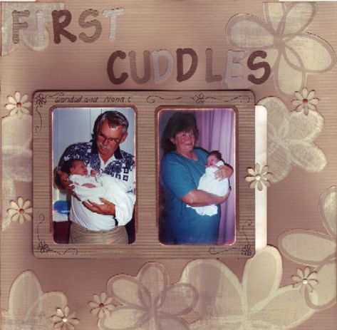 Cute title! grandparents first cuddles left - Scrapbook.com Scrapbook For Grandparents, Scrapbook Ideas For Grandparents, Scrapbook Grandparents, Grandma Scrapbook, Punch Art Ideas, Baby Journal Book, Baby Boy Scrapbook Layouts, Pregnancy Scrapbook, Scrapbook Punches