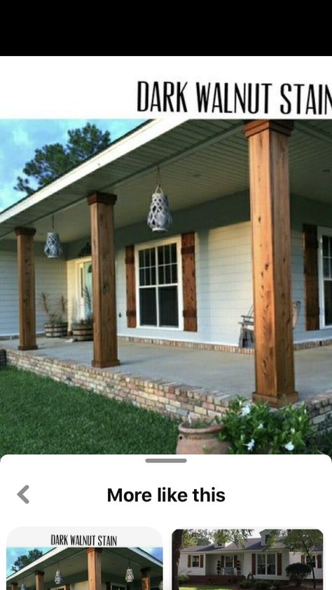 Wood Shutters And Columns, Porch Beams, Farmhouse Porches, Ranch Makeover, Farmhouse Restoration, Cedar Shutters, Terrasse Design, Wooden Pillars, Porch Columns