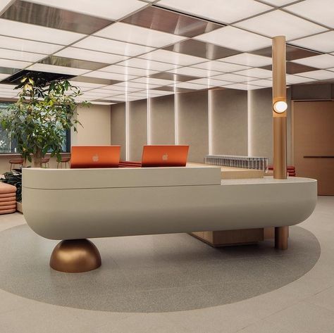 [1/2] Reception Island Counter. As an exploration of circular and spherical geometries, we rounded off the edges of the island and… | Instagram Island Reception Desk, Round Counter Design, Round Reception Desk, Reception Counter Design, Small Reception Desk, Fitness Studios, Holistic Fitness, Island Counter, Reception Desk Design