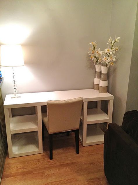 i think this is made of 4 LACK side tables and a table top...? love the look! Interior Ikea, Vanity Diy, Lack Table, Glam Office, Diy Girls, Ikea Table, Table Vanity, Ikea Lack, Ikea Hack Ideas