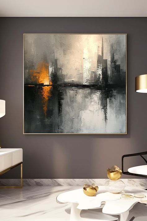 Original handmade acrylic painting of abstract city skyline with textured gray and black tones, orange accent, reflecting on water Modern Industrial Artwork, Abstract Cityscape Painting, Industrial Artwork, Abstract Cityscape, Art Picasso, Apartment Stuff, Abstract City, Cityscape Art, Acrylic Artwork