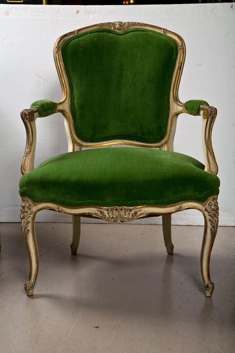 French Louis XV Style Armchair | From a unique collection of antique and modern armchairs at http://www.1stdibs.com/furniture/seating/armchairs/ Classic Furniture Living Room, French Provence, The Color Green, French Arm Chair, Bohemian Furniture, Provence Style, French Chairs, Green Chair, Armchair Vintage