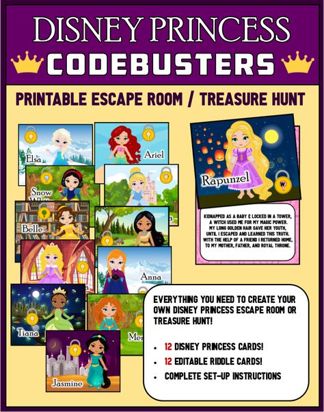 Disney Princess Riddles DIY Escape Room - Print and Play Party Game! Disney Riddles, Disney Escape Room Ideas, Disney Princess Scavenger Hunt, Disney Princess Party Games For Kids, Disney Escape Room, Princess Party Activities Games, Disney Princess Birthday Party Games Activities, Disney Princess Party Games, Treasure Hunt Riddles