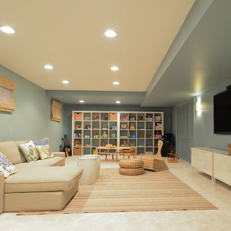 No windows but light....Basement Design Ideas, Pictures, Remodel and Decor Basement Wall Colors, Transitional Basement, Finished Basement Designs, Basement Colors, Basement Paint Colors, Basement Painting, Basement Playroom, Modern Basement, Basement Living Rooms