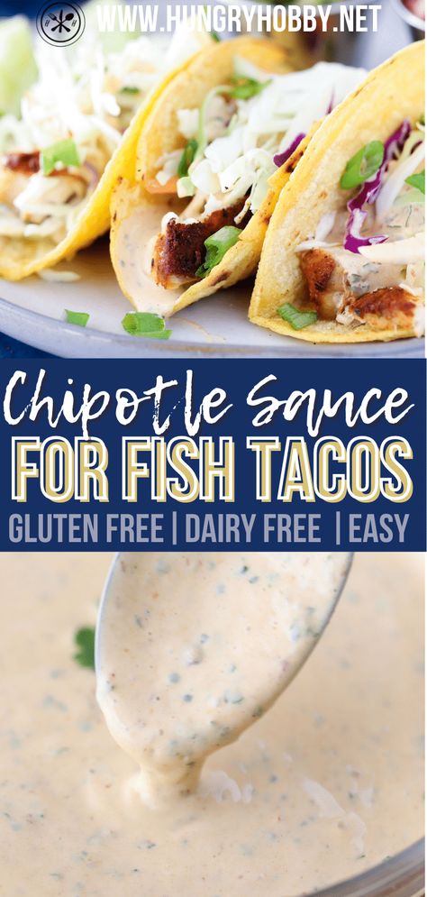 This chipotle sauce for fish tacos is creamy, spicy, and so easy to make with just six ingredients! Drizzle or mix with coleslaw! Chipotle Mayo Recipe Fish Tacos, Fish Taco Sauce Dairy Free, Dairy Free Taco Sauce, Chipotle Sauce Recipe For Fish Tacos, Healthy Fish Taco Sauce Greek Yogurt, Healthy Fish Taco Sauce, Chipotle Sauce For Fish Tacos, Chipotle Taco Sauce, Sauce For Fish Tacos Easy