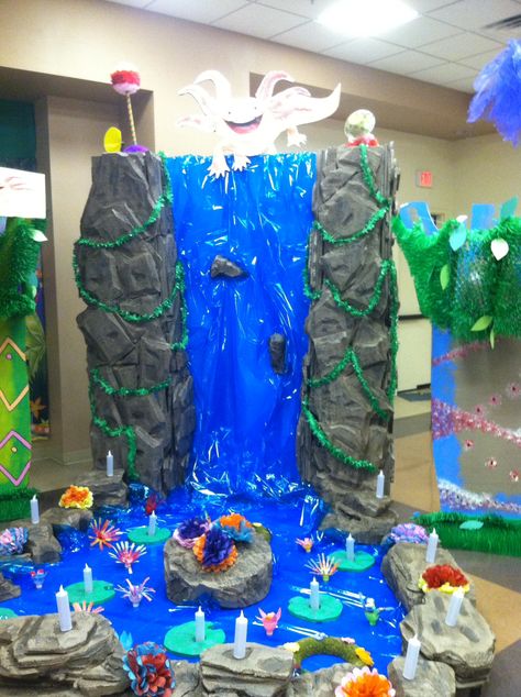 Waterfall Weird Animals Vbs Vbs Jungle, Waterfall Decoration, Weird Animals Vbs, Jungle Theme Classroom, Jungle Theme Birthday Party, Jungle Decorations, Janmashtami Decoration, Ganapati Decoration, Jungle Theme Birthday