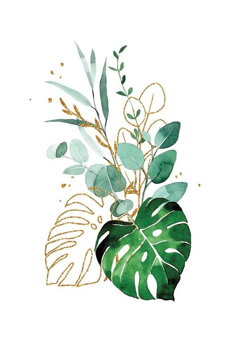 watercolor drawing, bouquet composition from tropical leaves of monstera and palms. green and gold rainforest leaves isolated on white background Drawing Bouquet, Watercolour Wallpaper, Paint By Number For Adults, Art Homework, Paints And Brushes, Tropical Painting, Islamic Caligraphy Art, Caligraphy Art, Gold Watercolor