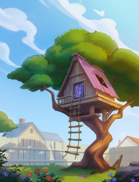 Tree House Concept Art, Tree House Cartoon, Cartoon Tree House, Tree House Illustration, Treehouse Illustration, House Digital Art, Background House, Tree House Drawing, Cartoon Trees