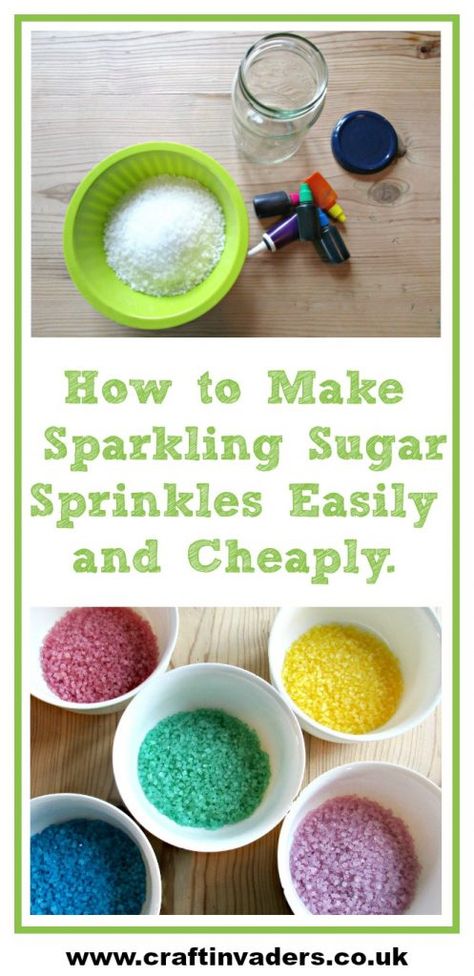 Super simple tutorial showing you how to make Sparkling Sugar Sprinkles at home, easily, and cheaply in a whole rainbow of colours. How To Color Sugar For Sprinkles, How To Color Sugar, How To Color Chocolate, How To Make Sprinkles, Making Sprinkles, Homemade Sprinkles Recipe, Sprinkles Diy, Sensory Recipes, Homemade Sprinkles