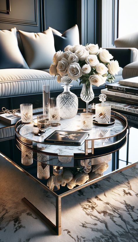 Mirrored Coffee Table with Books and Marble Tray with Crystal Glass Living Room Coffee Table Decor, Urban Farmhouse Designs, Coffee Table Decor Ideas, Coffee Table Decor Living Room, Mirrored Tray, Luxury Coffee, Luxury Coffee Table, Room Coffee Table, Table Decor Living Room