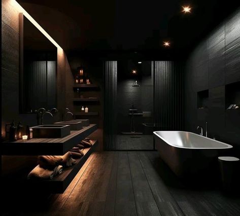 Dark Cozy Interior Design, Mafia House Interior, All Black Bathroom Ideas, Dark Bathroom Paint, Dark Bathroom Vanity, Dark Bathroom Aesthetic, Moody Bathroom Design, Black House Interior Design, Black House Aesthetic