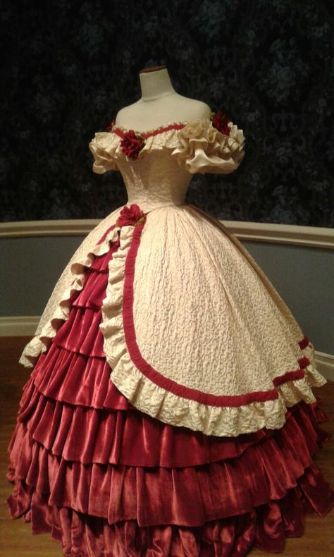 This is the Rose dress that my friend and I saw at a civil war museum Princess Dresses Victorian, Rose Fantasy Dress, Red And White Victorian Dress, 1800s Red Dress, Red Rococo Dress, 1800’s Dress, Victorian Party Dress, Georgian Era Dress, Olden Day Dresses