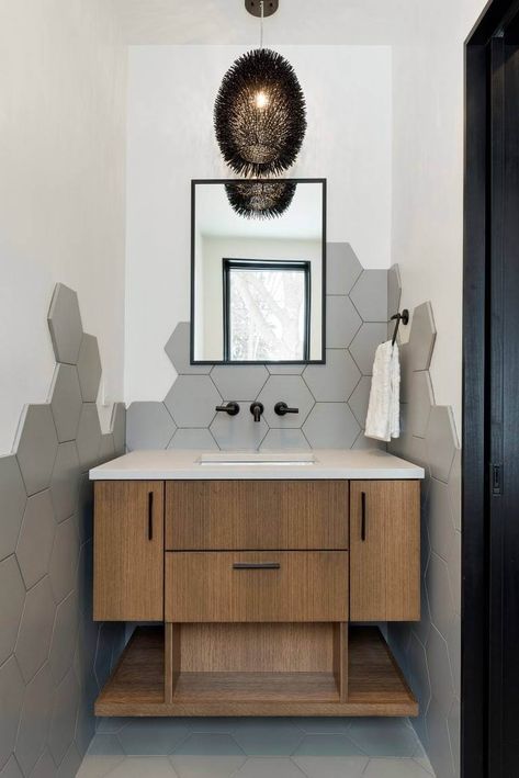 50 Picture-Perfect Powder Rooms in 2021 Powder Bathroom Ideas, Powder Room Tile, Contemporary Powder Room, Hexagonal Tiles, Modern Powder Room, Powder Room Design, Fine Living, Powder Rooms, Room Remodeling