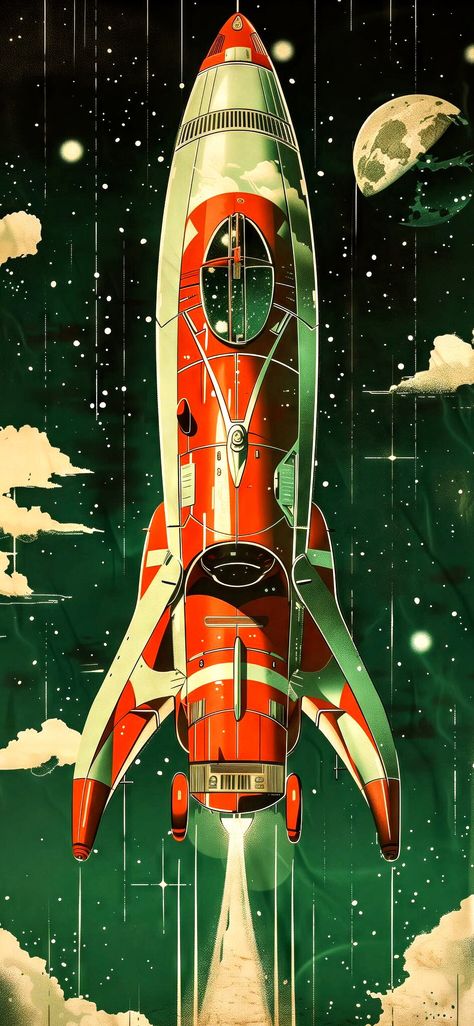 Retro Sci Fi Spaceship, Retro Sifi Art, Vintage Space Poster Retro Futurism, Atom Punk Retro Futurism, 80s Scifi Aesthetic, Retro Futurism Spaceship, Retro Rocket Ship, Rocket Graphic Design, Raypunk Art