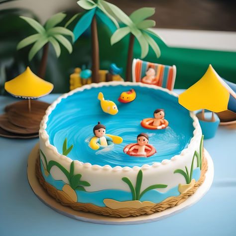 Pool Theme Cake, Pool Party Cakes For Girls Birthday, Pool Cake Design, Cake For Pool Party, Pool Party Cake, Birthday Cake Swimming, Swimming Pool Birthday Cake, Cake Swimming Pool, Swimming Pool Cake