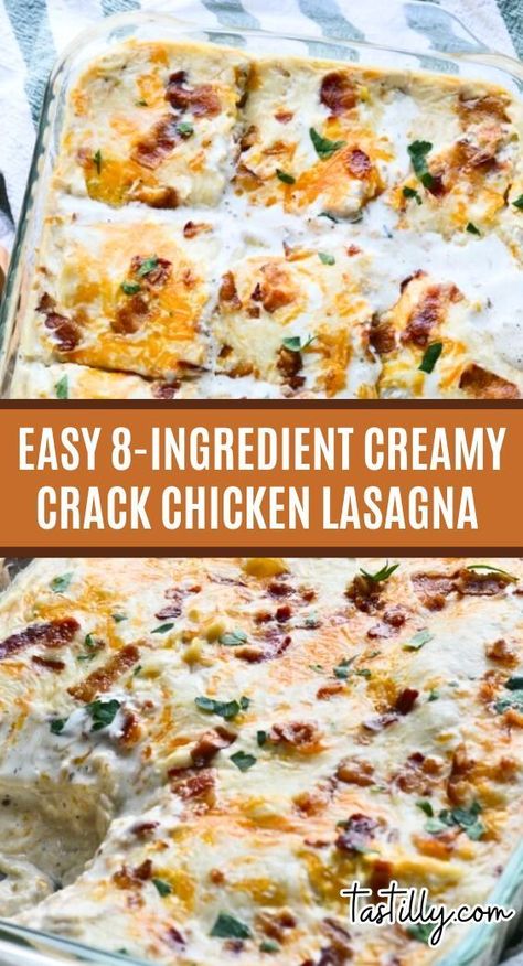 White Crack Chicken Lasagna is made with a creamy sauce of cream cheese, ranch dressing, and bacon, which gives a unique twist to the classic recipe! Apartment Meals, Chicken Lasagna Recipe, White Chicken Lasagna, Weeknight Recipes, Chicken Lasagna, Weekday Meals, Chicken Dishes Recipes, Easy Weeknight, Chicken Bacon