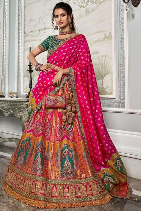 Rani Pink and Mustard Banarasi Silk Designer Bridal Lehenga Set Silk Bridal Lehenga, Rani Pink, Lehenga Fabric, Designer Bridal Lehenga, Lehenga Blouse, Ghagra Choli, Half Sleeve Blouse, Bridal Lehenga Choli, Wedding Lehenga