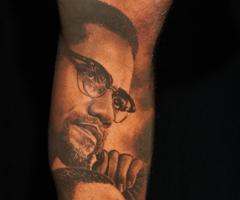 Malcom X portrait tattoo Malcolm X Tattoo Design, X Tattoo Design, Malcom X Tattoo Stencil, Malcom X Tattoo Sleeve, Malcolm X Tattoo, Malcom X And Martin Luther King Tattoo, Malcom X Art, Malcolm X Quotes, Portrait Tattoo Sleeve