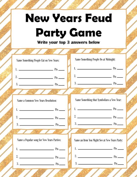 New Years Eve Family Feud Party Game Free Printable New Year’s Day Ideas, New Years Games Families, Ft Games, Family Feud Party, New Years Printables, New Years Eve Printables, Kids Nye, New Years Games, Questions Image