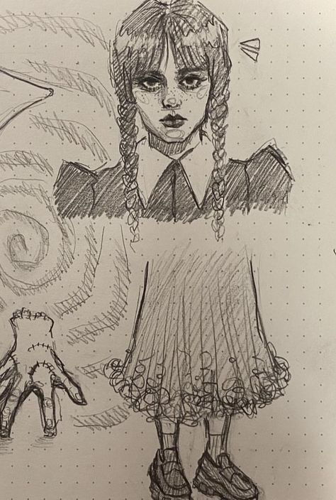 Wednesday Anime Drawing, Wednesday Addams Drawing Tutorial, Sketch Of Wednesday Addams, Thing Sketch Wednesday, Wednesday Addams Sketch Easy, Wednesday Thing Drawing, Wednesday Addams Sketches, Thing From Wednesday Drawing, Wednesday Addams Sketch Art