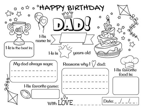 Happy birthday dad fill in the sheet mom... | Premium Vector #Freepik #vector #kids-sketch #family-sketch #family-doodle #family-drawing Happy Birthday Dad Coloring Page, Happy Birthday Dad Template, Doodle Family, Family Doodle, Kids Sketch, Dad Drawing, Family Sketch, Birthday 11, Dad Printable