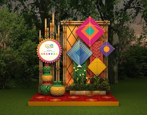 G20 Ahmedabad welcome stage desgn :: Behance School Stage Decoration Ideas, Makar Sankranti Decoration, Festival Decoration Ideas, Sankranti Decoration, Booth Design Ideas, Stage Decoration Ideas, Kite Decoration, Stall Decorations, Welcome Decoration