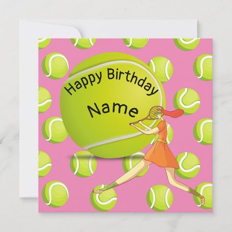 Tennis Birthday with tennis player woman pink Gift Shop Products, Tennis Birthday, Happy Birthday Name, Tennis Gifts, Pink Cards, Tennis Player, Shop Products, Tennis Players, The Amazing