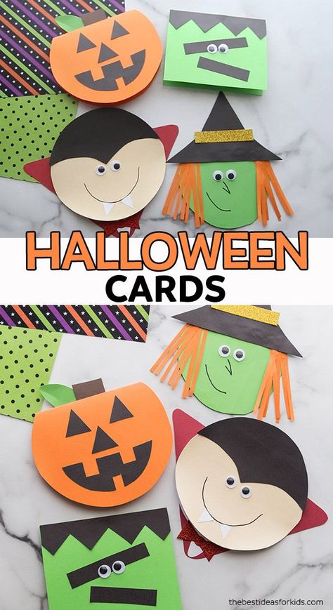 DIY Halloween Cards - with free printable templates! Easy Halloween card for kids to make! Handmade Halloween Cards, Halloween Crafts For Kids To Make, Halloween Cards Diy, Dekorasi Halloween, Halloween Crafts For Toddlers, Cards Halloween, Carte Halloween, Fun Halloween Crafts, Halloween Cards Handmade