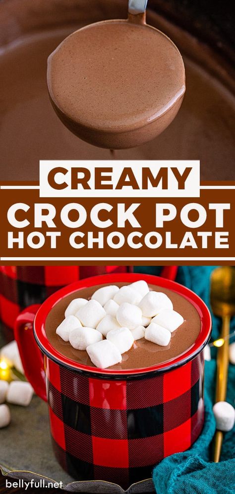 Creamy, decadent, and luscious, this Slow Cooker Hot Chocolate recipe is one you'll want to be making all winter long! It's the perfect big batch hot chocolate drink to serve up for any holiday party or gathering of friends and family. Overnight Hot Chocolate Crock Pot, Slow Cooker Hot Cocoa Recipe, Hot Chocolate Slow Cooker Recipe, Big Batch Hot Chocolate, Chocolate Gray, Mobile Hot Chocolate Bar, Stuff To Want For Christmas, Easy Crockpot Hot Chocolate Recipe, Best Hot Chocolate Recipe Crock Pots