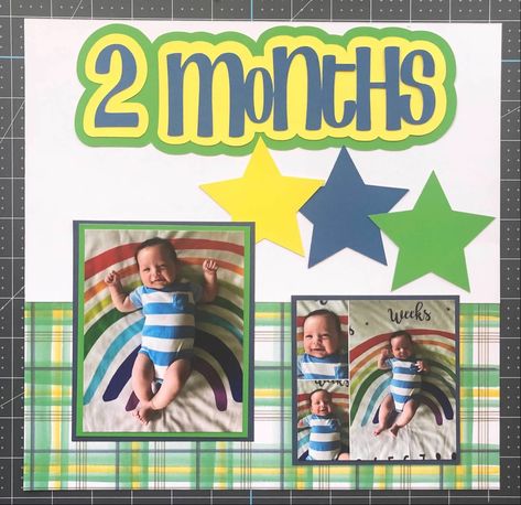 One Month Scrapbook Page, Baby Scrapbook Page Ideas, Baby Album Ideas Scrapbooking, Scrapbook Baby Book Ideas, Toddler Scrapbook, Month Milestones, Baby Journal Book, Baby Boy Scrapbook Layouts, Baseball Wreath