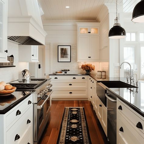 Modern Farmhouse Kitchen in White and Black Concept Country Kitchen Black And White, Black And White Country Kitchen, Black And White Farmhouse Kitchen, Black White Kitchen, Modern Farmhouse Kitchen, Black Countertops, Black Sink, Farm House Colors, Farmhouse Kitchen Cabinets