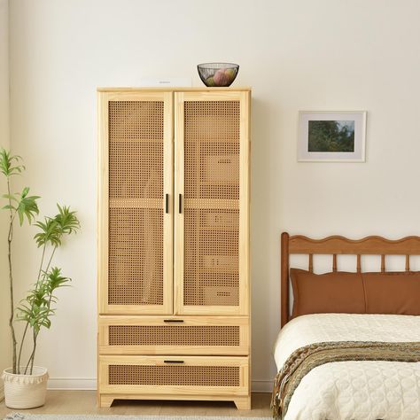 PRICES MAY VARY. Unique and stylish pine wood closet with rattan doors. Solid pine wood construction with natural wood grain finish. Two drawers in the bottom for extra storage space and convenience. Overall dimensions: 20” D x 36” W x 75” H | Drawer (Inner): 15” D x 32” W x 6.25” H. Easy assembly - comes with all necessary tools and instructions for simple assembly. Create a cozy and stylish atmosphere in your bedroom with this unique WPFurniture Pine Wood Closet. Crafted with solid pine wood a Apartment Shopping, Solid Wood Armoire, Rattan Doors, Wood Closet, Wood Armoire, Bedroom Armoire, Wood Handles, Wood Construction, Beautiful Wall