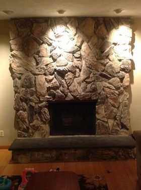 Lava rock fireplace makeover - Houzz Lava Rock Fireplace Makeover, Rock Fireplace Makeover, Painted Rock Fireplaces, Mid Century Fireplace Makeover, Lava Rock Fireplace, Painted Stone Fireplace, Mid Century Fireplace, Mid Century Modern Ranch, Stone Fireplace Makeover