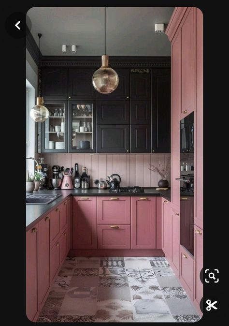 Black And Pink Kitchen, Pink And Black Kitchen, Home Haunted House, Pink Kitchen Cabinets, Pink Kitchens, Haunted House Decor, Vintage Concept, Dark Home Decor, Gothic Home