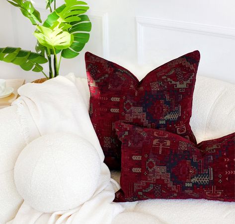 Kilim Lumbar Pillow, Jewel Tone Throw Pillows, Dark Grey Couches, Babe Cave, Soft Luxury, Bedroom Red, Pillow Styling, Red Pillows, Cozy Bedding