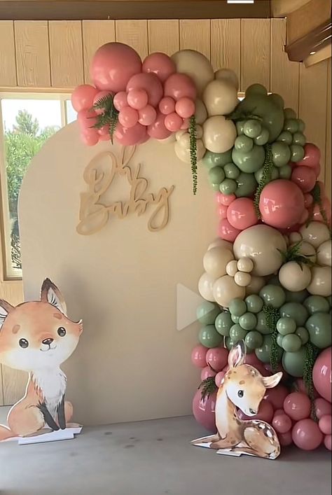 Forest Baby Shower Theme Girl, Baby Girl Woodland Shower Ideas, Woodland Girl Baby Shower Theme, Ballon Garland Woodland Theme, Woodland Baby Shower Theme Girl, Enchanted Forest Baby Shower Theme Girl, Pink Woodland Baby Shower Theme, Woodland Fairy Balloon Garland, Girly Woodland Baby Shower Theme