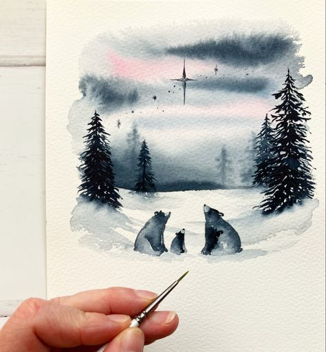 Watercolour Easy, Watercolor Christmas Art, Easy Christmas Cards, Watercolor Christmas Cards Diy, Watercolour Christmas, Painted Christmas Cards, The Three Bears, Watercolor Paintings Nature, Three Bears