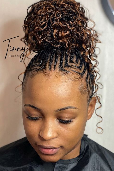 Tribal Braids Hair Styles Straight Up, Cornrow High Bun, Stitch Braids Into Low Bun With Curls, Feed In Braids Cornrows Updo, Straight Up Hairstyles For Black Women, Conrols Hair Style, Straight Back With Braids At The Back, Pretty Cornrow Hairstyles, Conrows Lines And Braids 2023 Trends