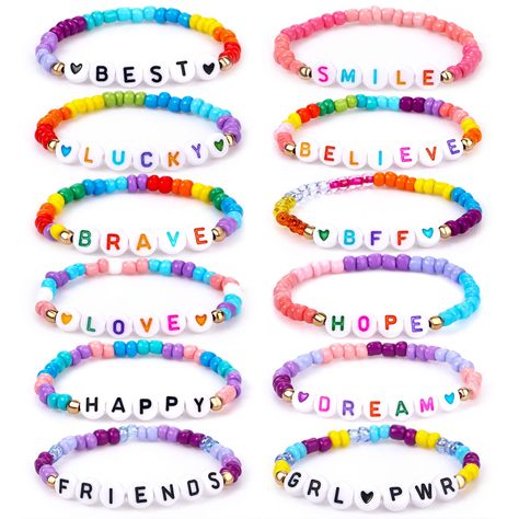 PRICES MAY VARY. 【12 Different Letter Bracelets】This kids girls party favor jewelry includes 12 pcs letter bead bracelet,12 pcs different letter such as love, lucky, hope, brave,dream,bff etc.Providing your lovely kids with different styles to meet their daily matching. Original Design Pattern. Registered Copyright. 【High Quality】Made of high quality resin,which is durable,fade-free,smell-free and environmentally friendly.Keeping your lovely girl’s safe and happy is always our pursuit.Your kids Kids Bracelet Ideas, Bead Bracelet Ideas Words, Friendship Bracelets Kids, Kids Friendship Bracelets, Kids Beaded Bracelets, Bracelet Best Friends, Letter Bead Bracelet, Kids Jewelry Diy, Beaded Friendship Bracelets